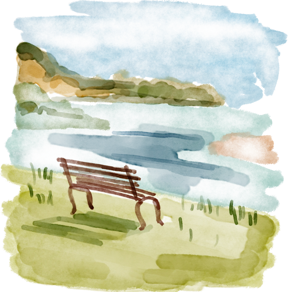 Dessin pastel - banc face à la mer symbolisant calme et sérénité pour la gestion de l’anxiété à Ham-sur-Heure