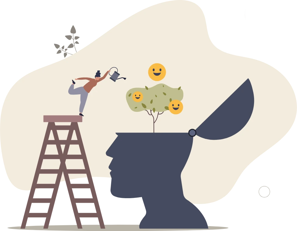 Illustration d’un personnage arrosant une tête avec arbre et emojis de joie, pour cultiver les émotions positives et réduire l’anxiété